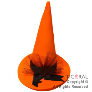 SOMBRERO BRUJA HALLOWEEN NARANJA CON APLIQUE NEGRO x 1